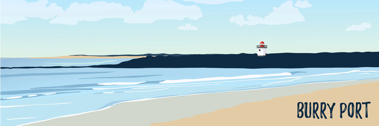 A blue, cream and red digital illustration of Burry Port beach and lighthouse, with the words 'Burry Port' in the bottom right corner.