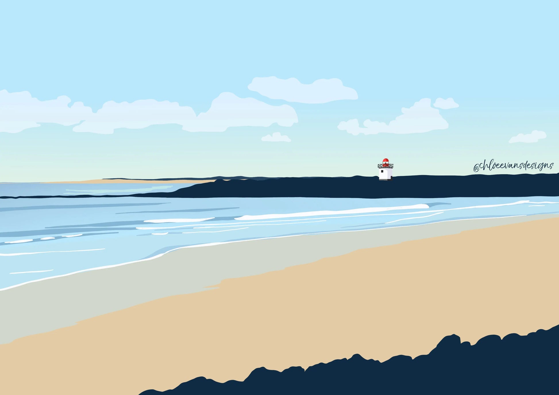 Blue and cream illustration of Burry Port lighthouse and beach