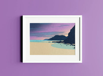 Digital mockup of pink and blue Caswell beach illustration framed