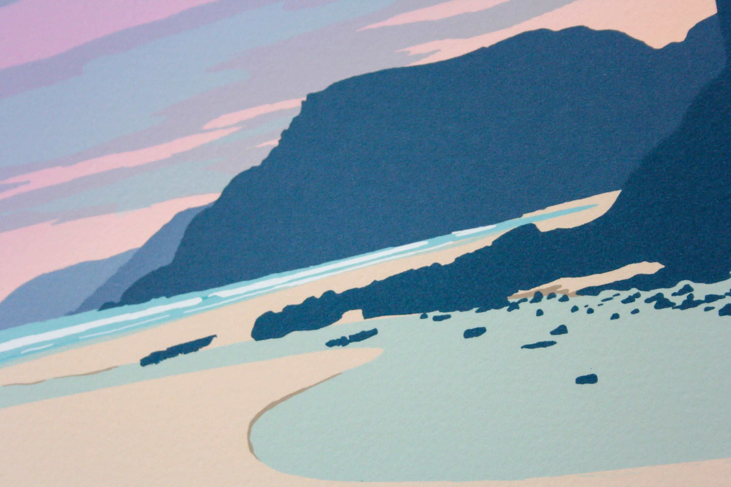 Close up of Caswell beach sunset illustration in pink and blue