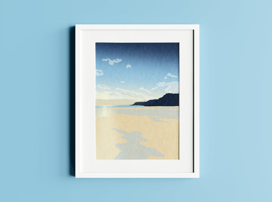 Caswell Bay Illustration Print in White Frame On a Light Blue Background.