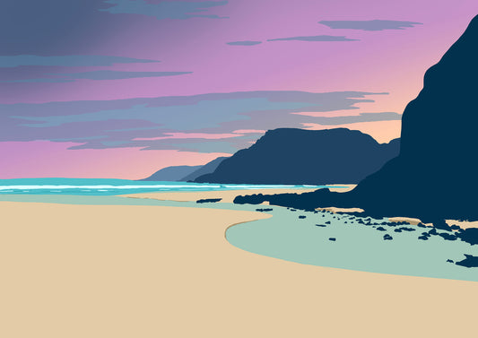 Caswell Bay Sunset Print – a detailed coastal illustration capturing the popular Caswell Bay at sunset.