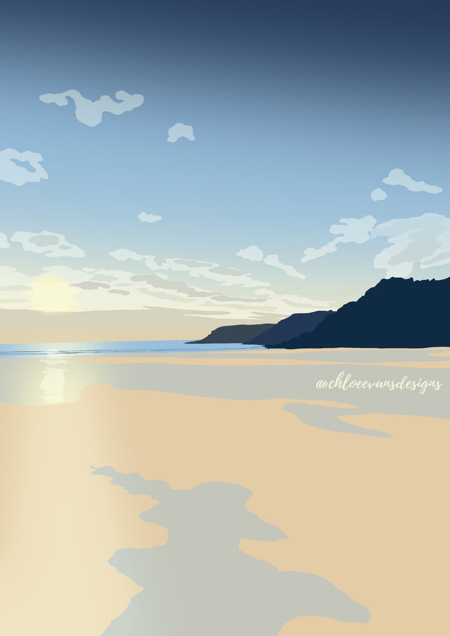 Blue and beige illustration of Caswell Bay on Gower at Dusk, with @chloeevansdesigns watermark.