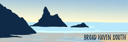 A blue and cream digital illustration of Church Rock at Broad Haven South beach in Pembrokeshire.