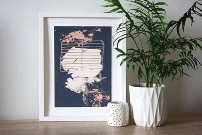 Photo of blue/grey, brown and pink Coastal Journey 11 abstract A4 print in white frame with white tealight holder and house plant