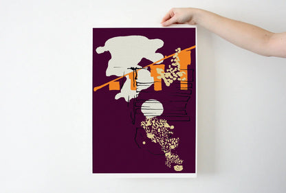 Photo of hand holding purple and yellow Coastal Journey 7 abstract A3+ print