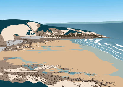 A green, blue and brown illustration of Dunraven bay in south Wales