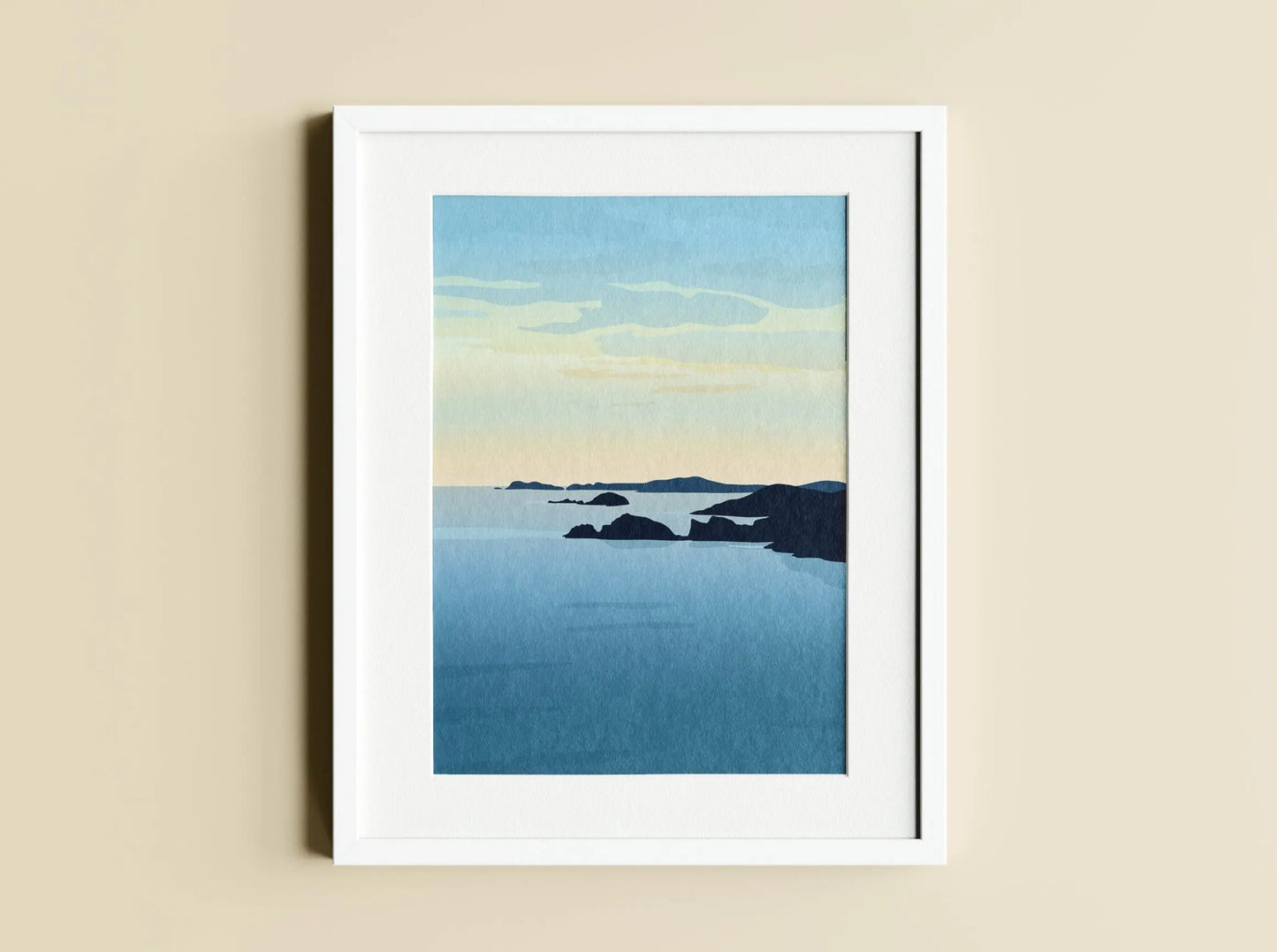 Digital mockup of Early Sunset from Newgale print in white frame on beige wall background