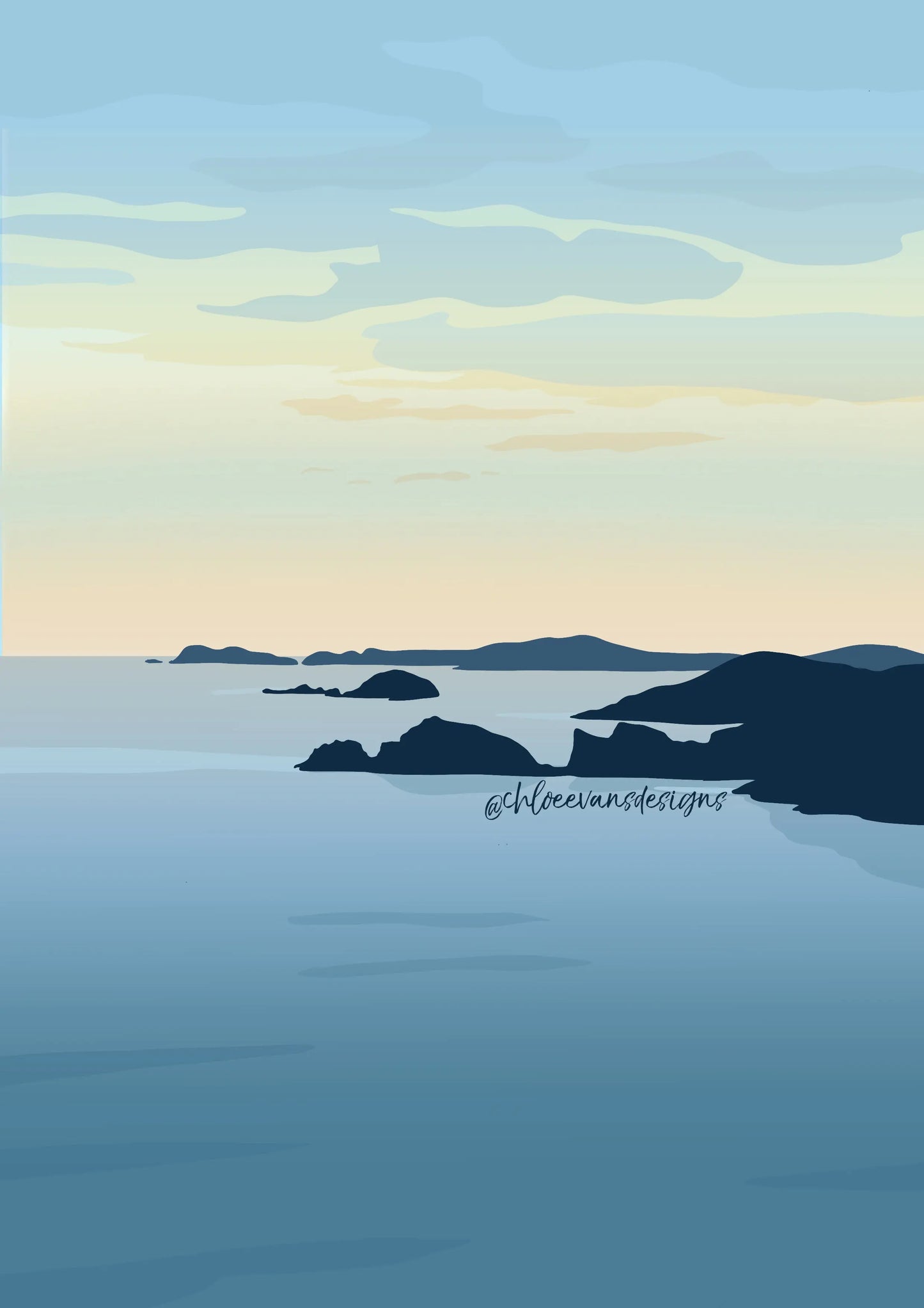 Blue and orange digital illustration of Early Sunset from Newgale illustration