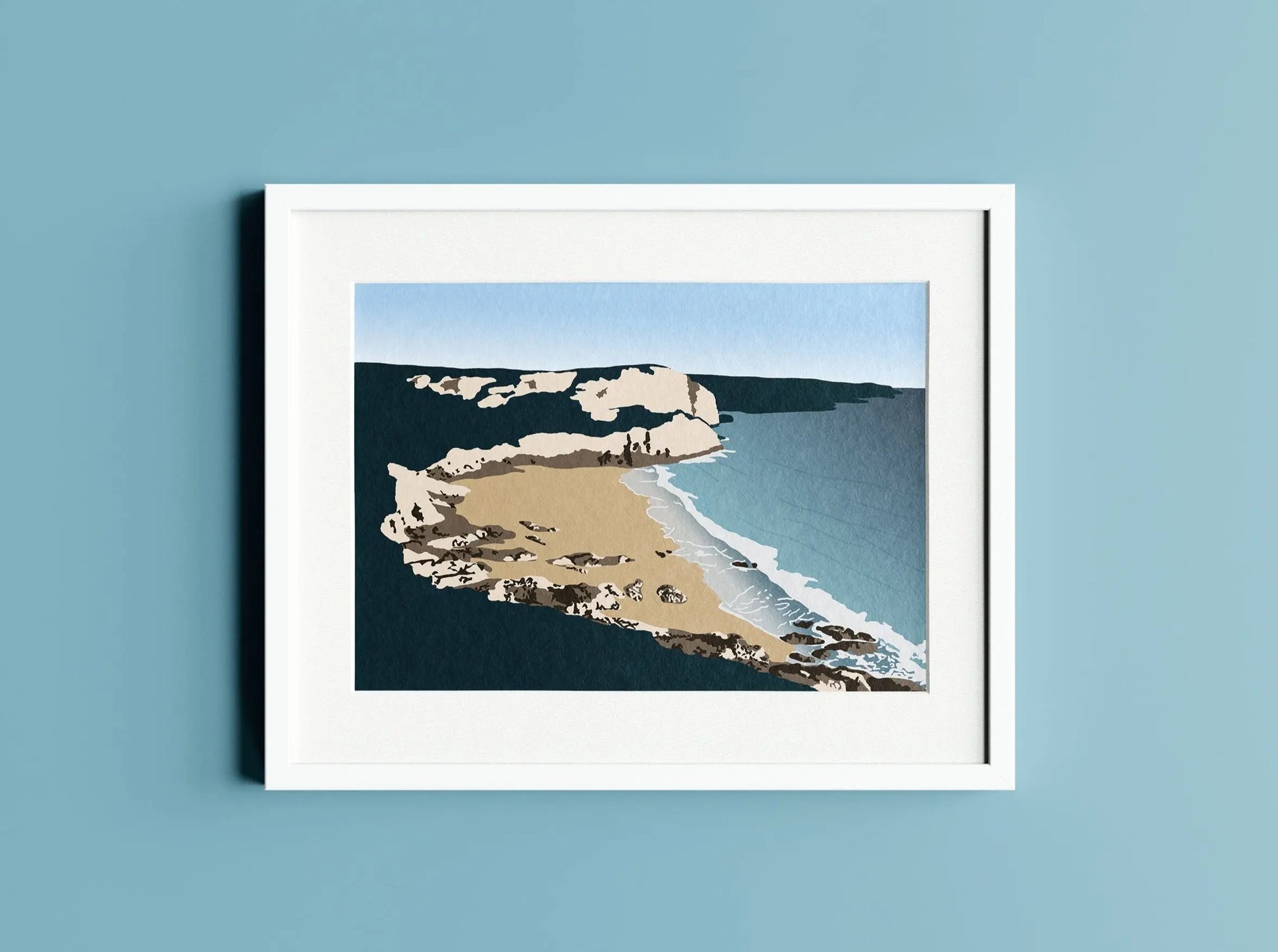 Digital mockup of Fall Bay illustration print on blue wall