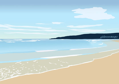 Blue and brown digital illustration of Freshwater West beach Pembrokeshire