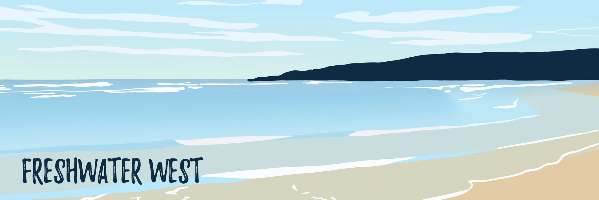 A blue and cream digital illustration of Freshwater West beach, with the words 'Freshwater West' in the bottom left corner.