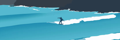 A blue digital illustration of a surfer riding a wave.