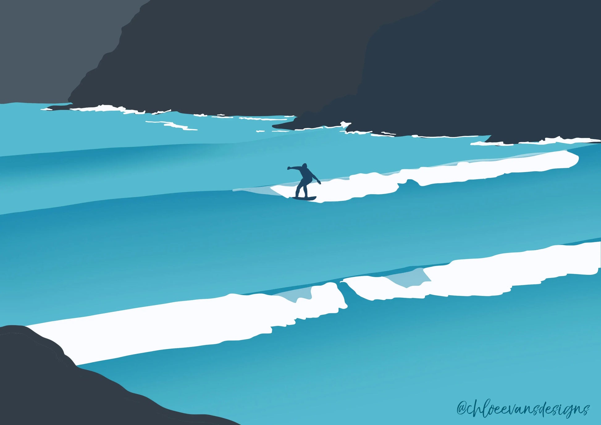 A blue illustration of a solo surfer riding a wave in a secluded cove.