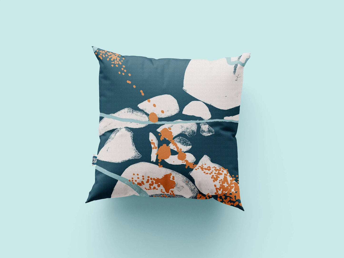 Digital mockup of handmade green and orange abstract printed cotton cushion