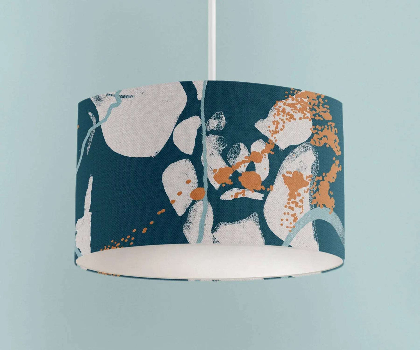 Digital mockup of 30cm green and orange abstract print handmade lampshade on pendant ceiling light