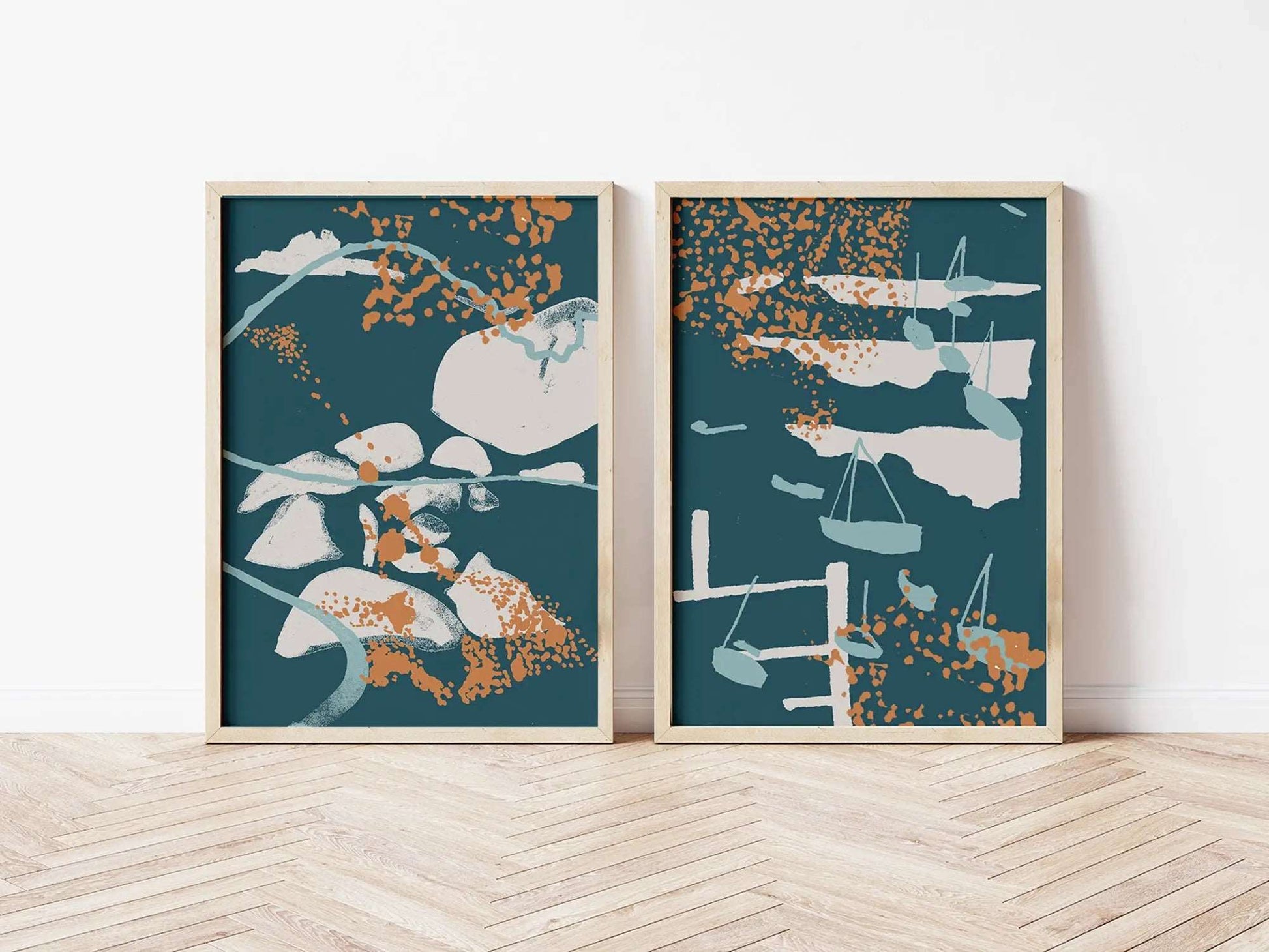 Digital mockup of green and orange abstract coastal diptych print set in wooden frames