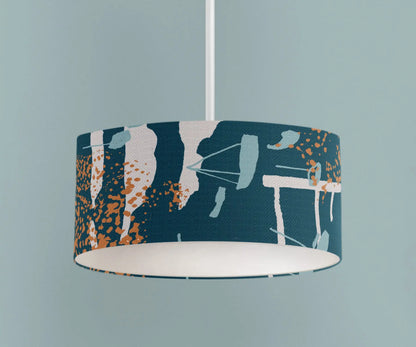 Digital mockup of 45cm green and orange abstract print handmade lampshade on pendant ceiling light