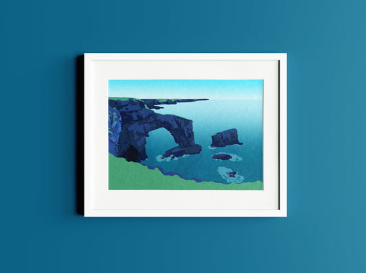 Illustration of The Green Bridge of Wales mocked up in a white frame on a dark teal wall.
