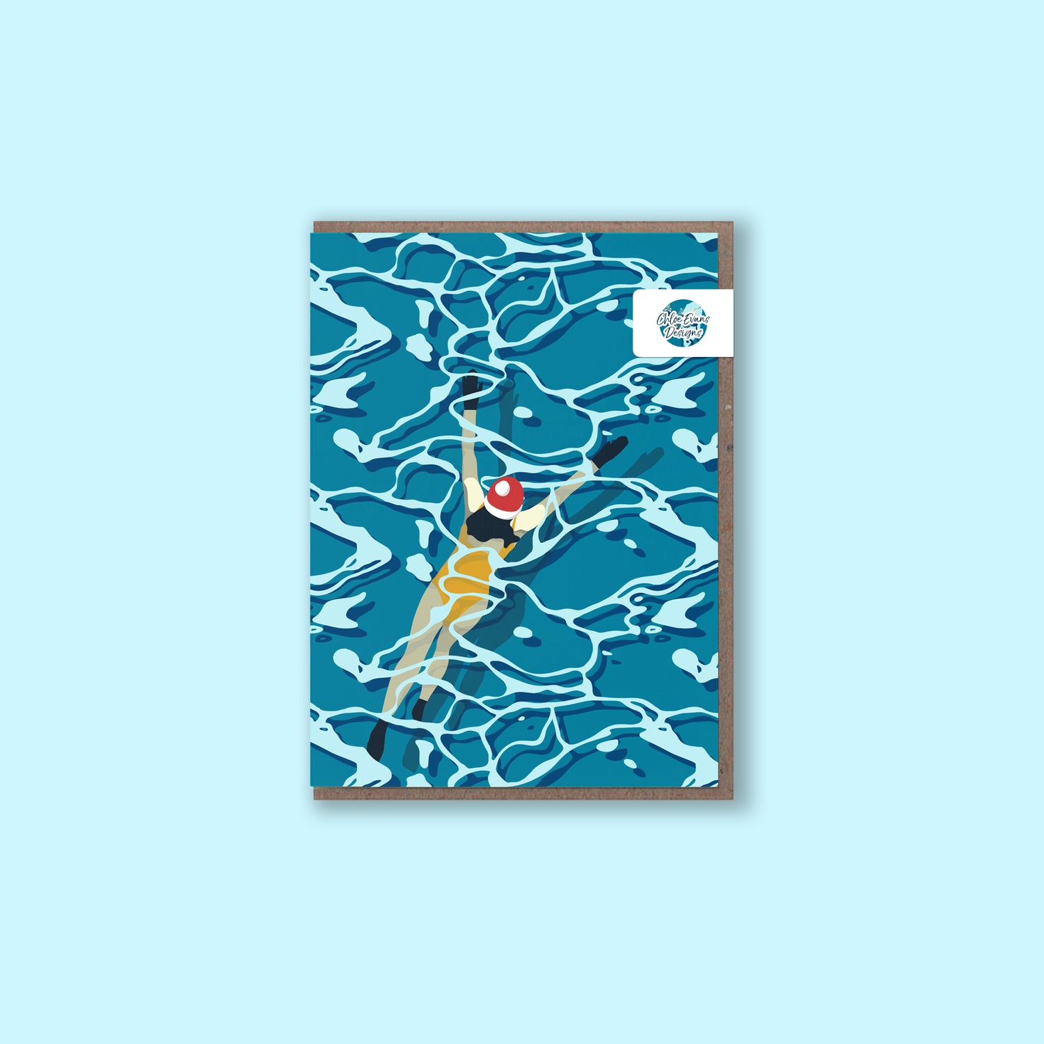 A winter swimming Christmas card illustration of a swimmer in icy water wearing a red festive hat.