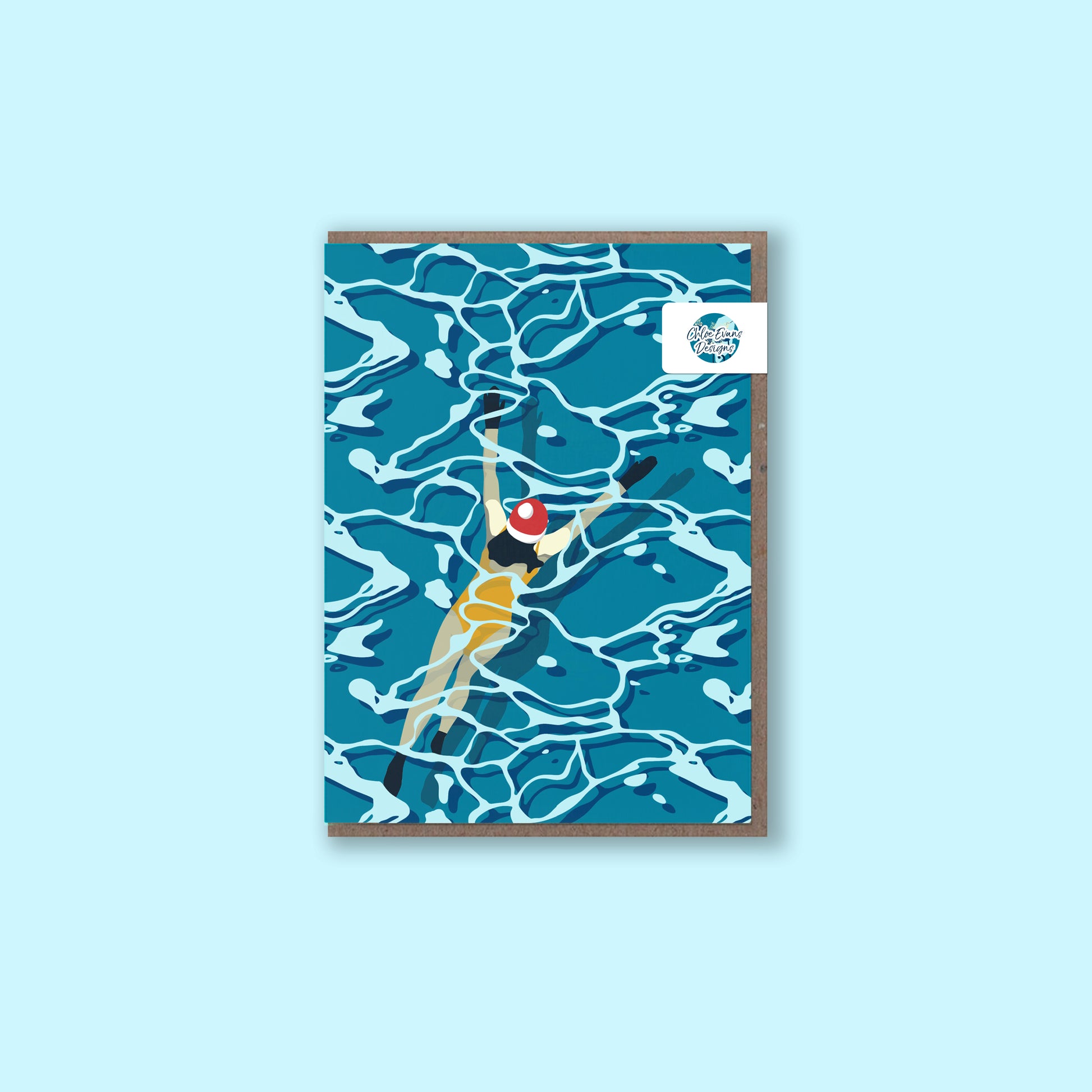 A winter swimming Christmas card illustration of a swimmer in icy water wearing a red festive hat.