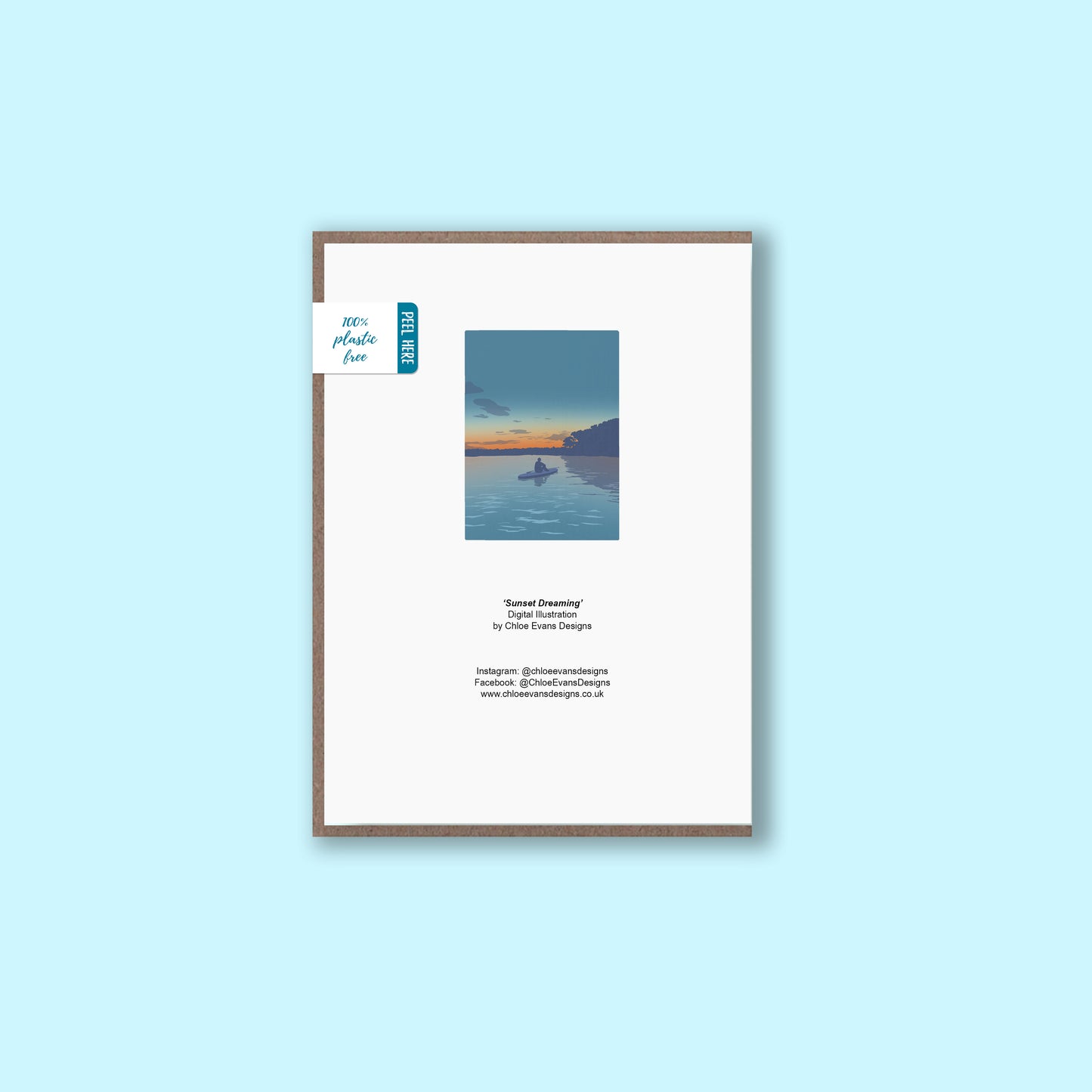 A mock up of the back of a greeting card showing the illustration of a paddleboarder sat on her board watching the sunset on the front with business details, with a brown envelope with a removable plastic-free packaging sticker on a light blue background.