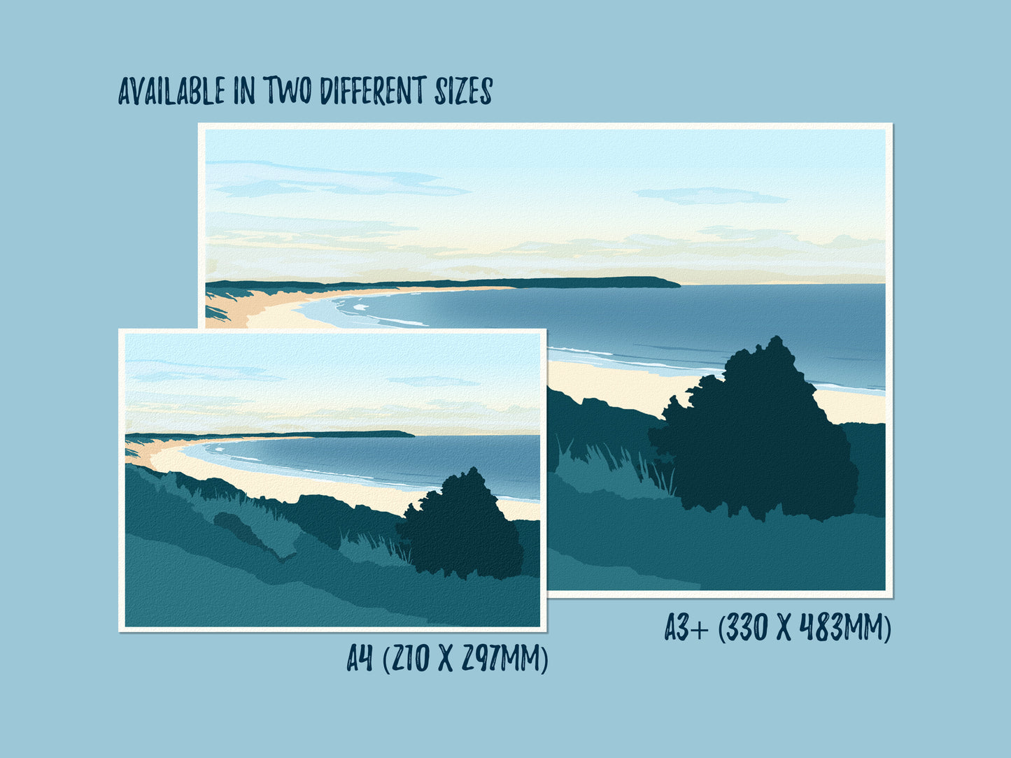 A mock up of an illustration of Porth Neigwl, or Hell's Mouth bay, showing the two different prints sizes available to order: A4 and A3+.