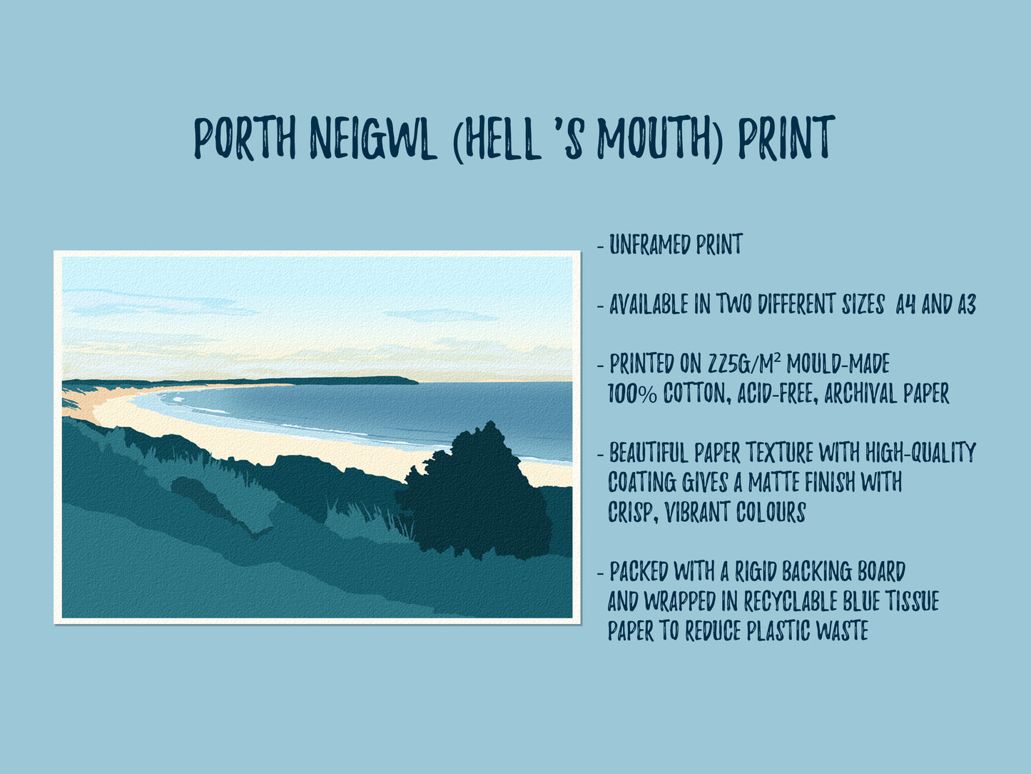 A mockup of an illustration of Porth Neigwl, or Hell's Mouth beach, with a list of key product features.