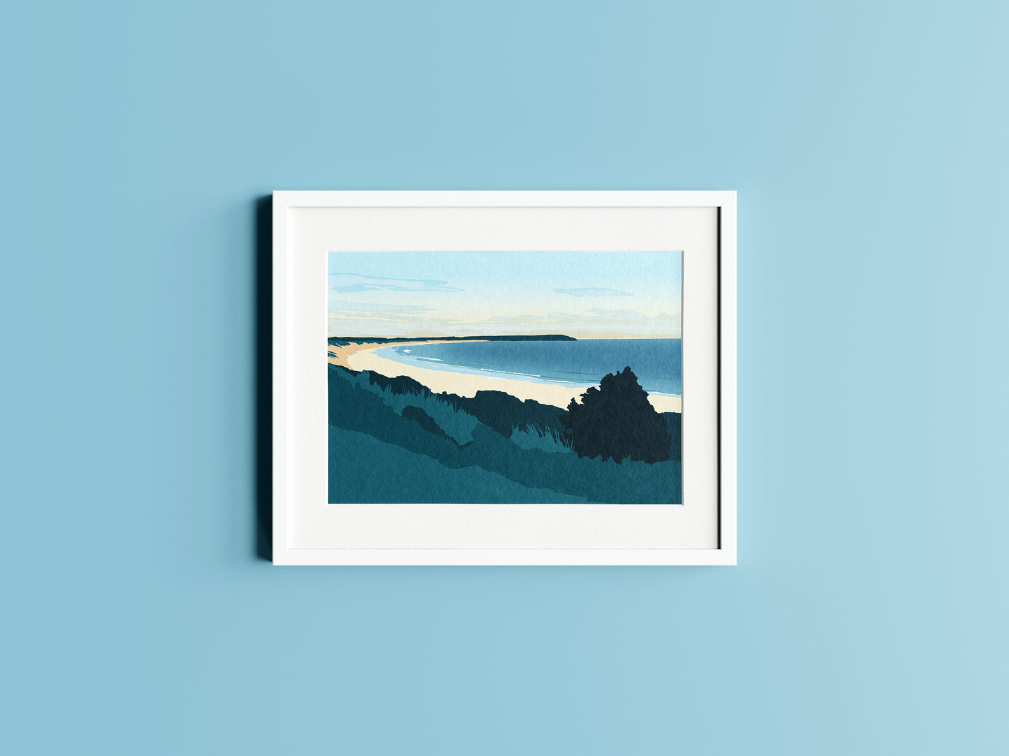 Mockup of a green and blue illustration of Hell's Mouth beach in a frame on a light blue background.