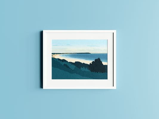 Mockup of a green and blue illustration of Hell's Mouth beach in a frame on a light blue background.