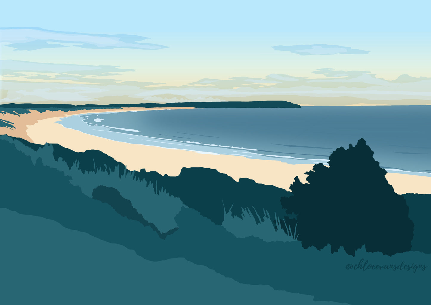 Digitally drawn illustration of Hell's Mouth beach in North Wales, in a green, blue and beige colour palette.