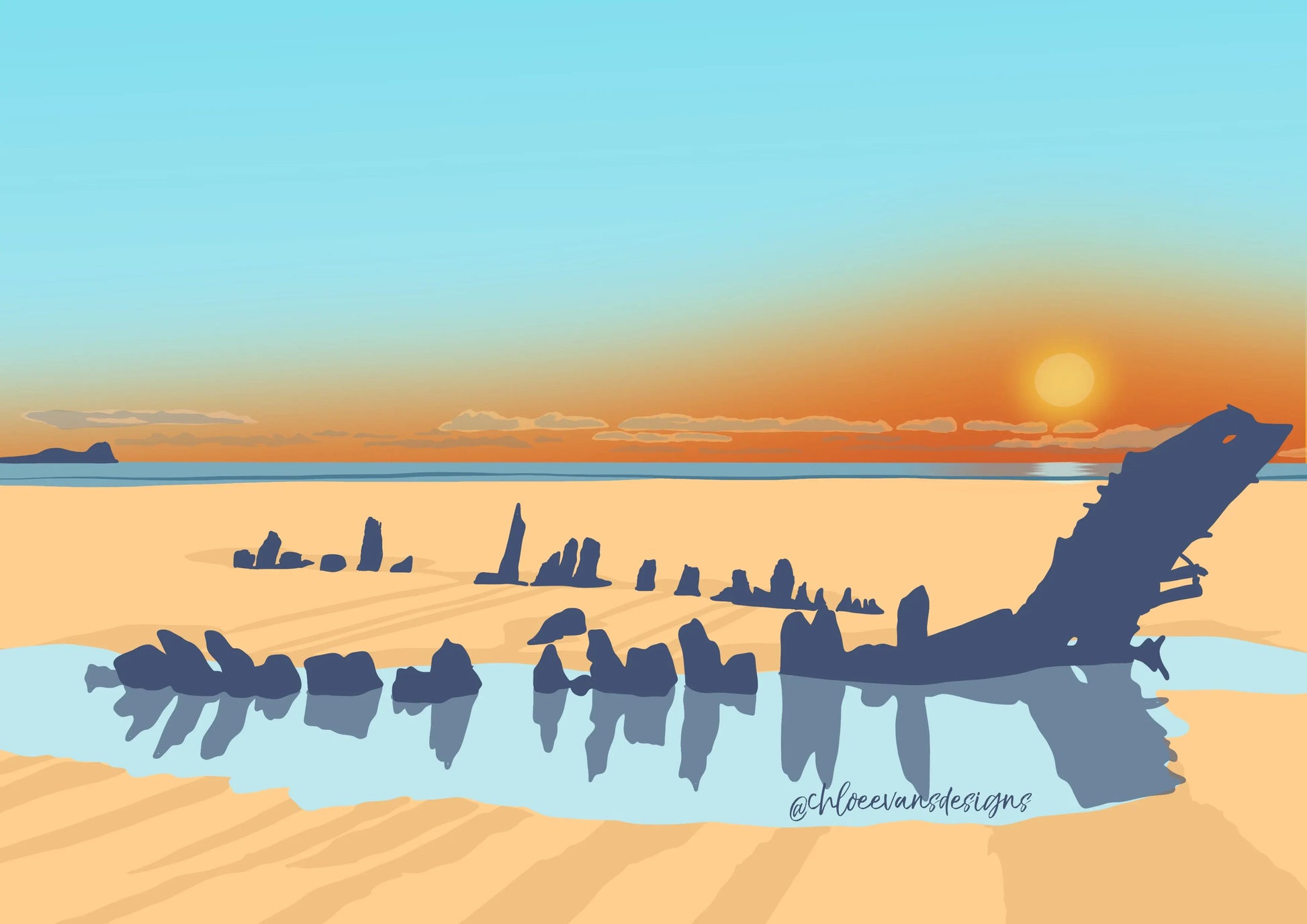 Blue and orange digital illustration of Helvetia Shipwreck on Rhossili beach at sunset