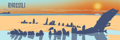 The blue and orange digital illustration of the Helvetia shipwreck on Rhossili beach at sunset, with the word 'Rhossili' in the top left corner.