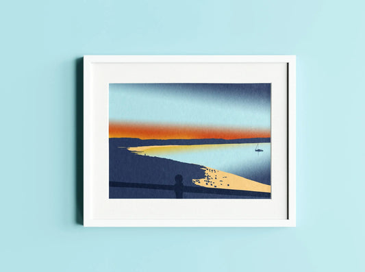 Digital mock up of a framed blue and red Mumbles Gower sunset illustration