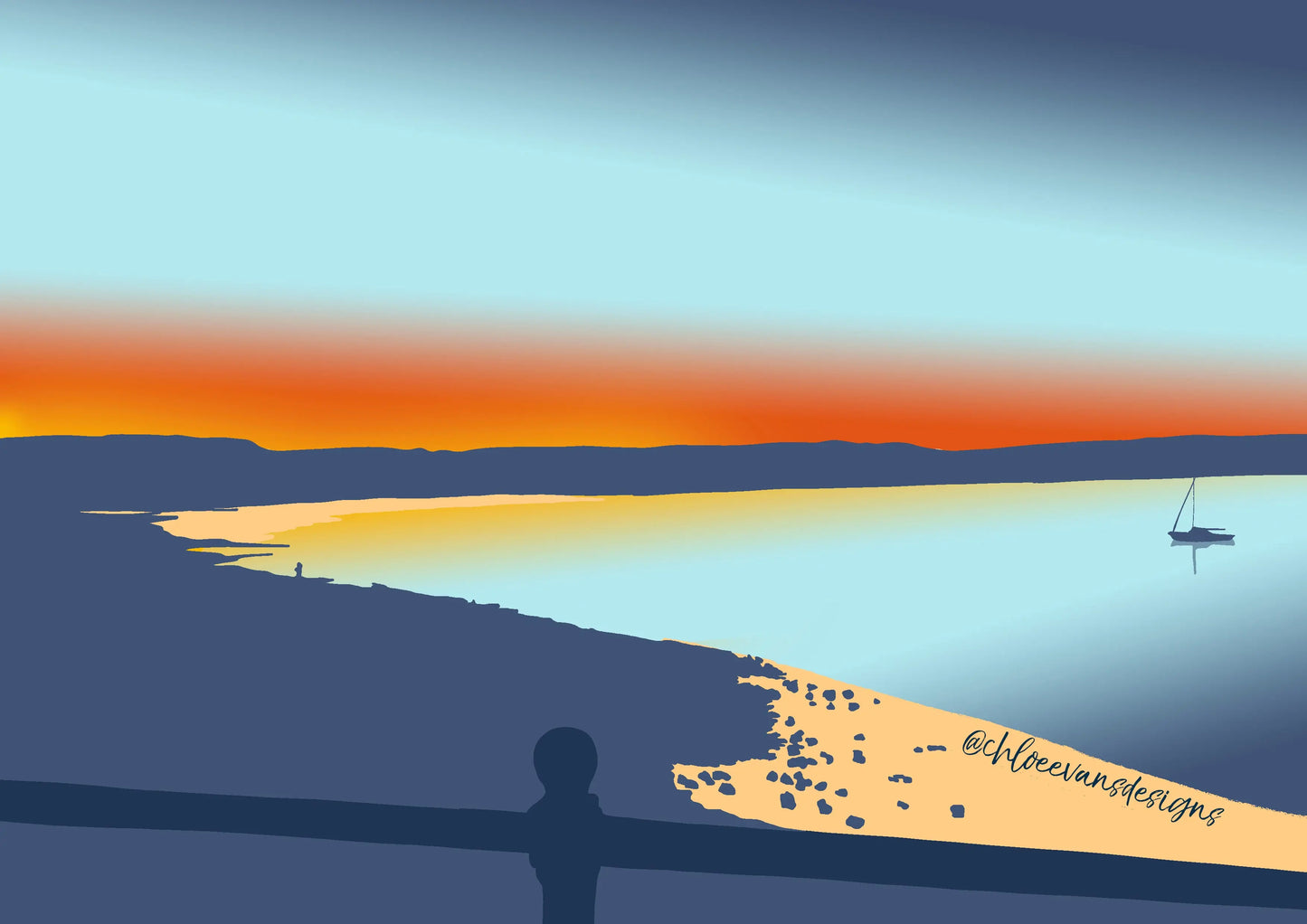 Red and blue digital illustration of a boat and sunset at Mumbles, Swansea/Gower