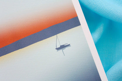 Close up of boat detail on Mumble sunset illustration print, on blue fabric backdrop