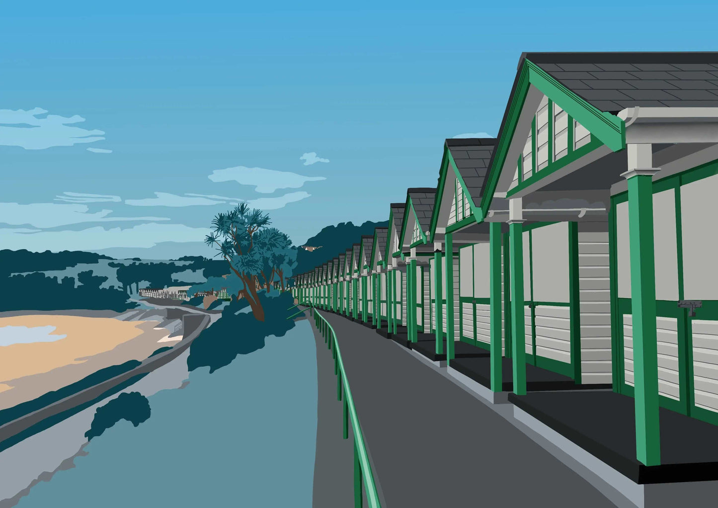 Blue and green illustration of the beach huts at Langland Bay