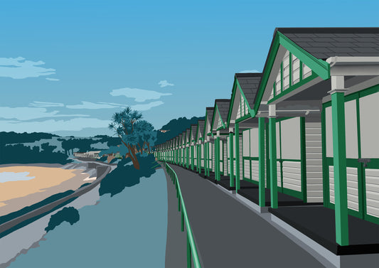 Langland Beach Huts Print – a detailed coastal illustration capturing the iconic green beach huts at Langland Bay on the Gower Peninsula.