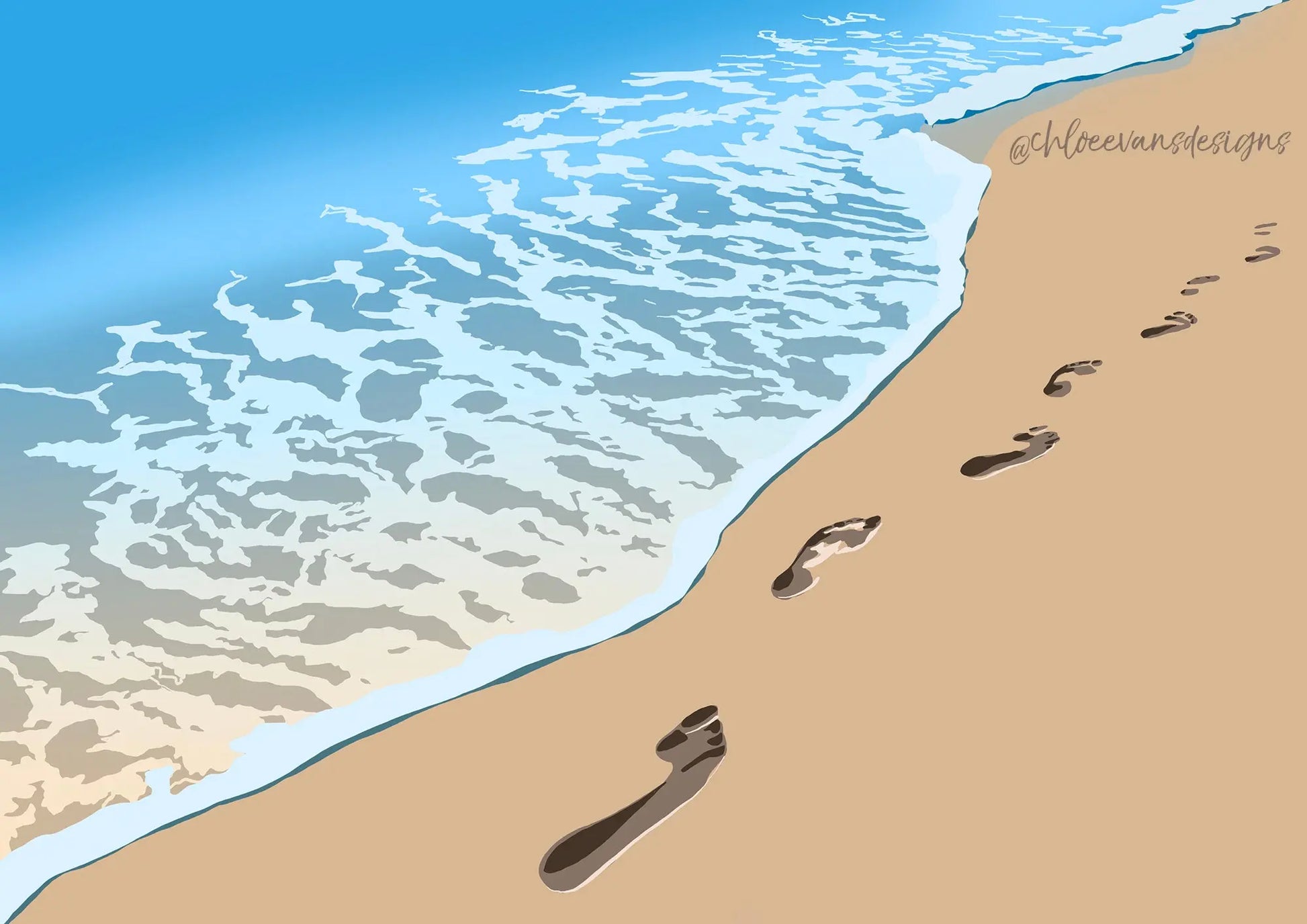 An illustration of brown footprints in beige sand, along the blue shoreline leading into the distance.