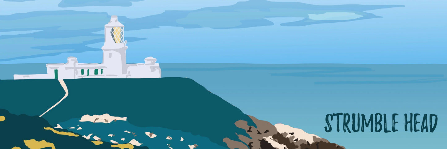 A blue and green digital illustration of Strumble Head lighthouse.