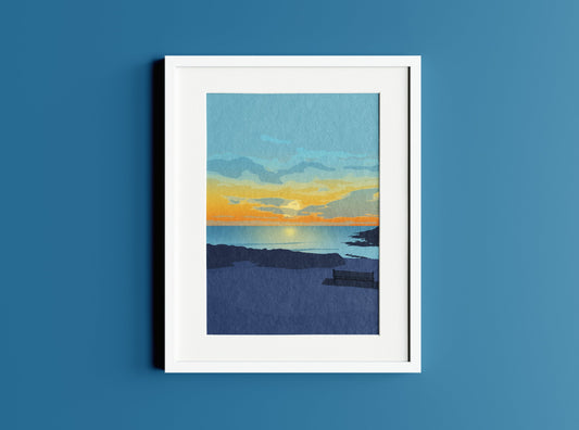 Mockup of Limeslade Bay Sunset Illustration in white frame on dark blue background.