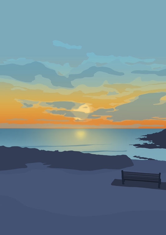 Limeslade Bay Sunset Print - a detailed coastal illustration capturing the serene Limeslade Bay on the Gower Peninsula.