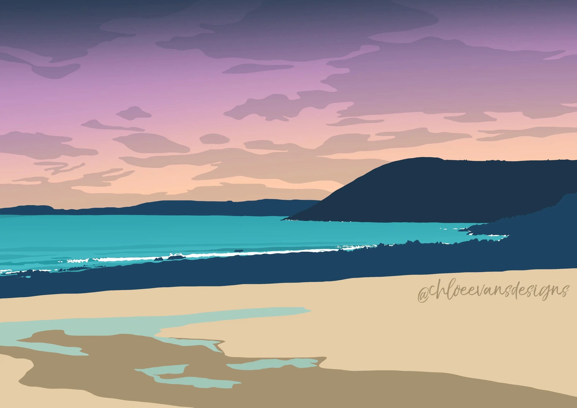 A purple, blue and cream illustration of Manorbier beach in Pembrokeshire at sunset