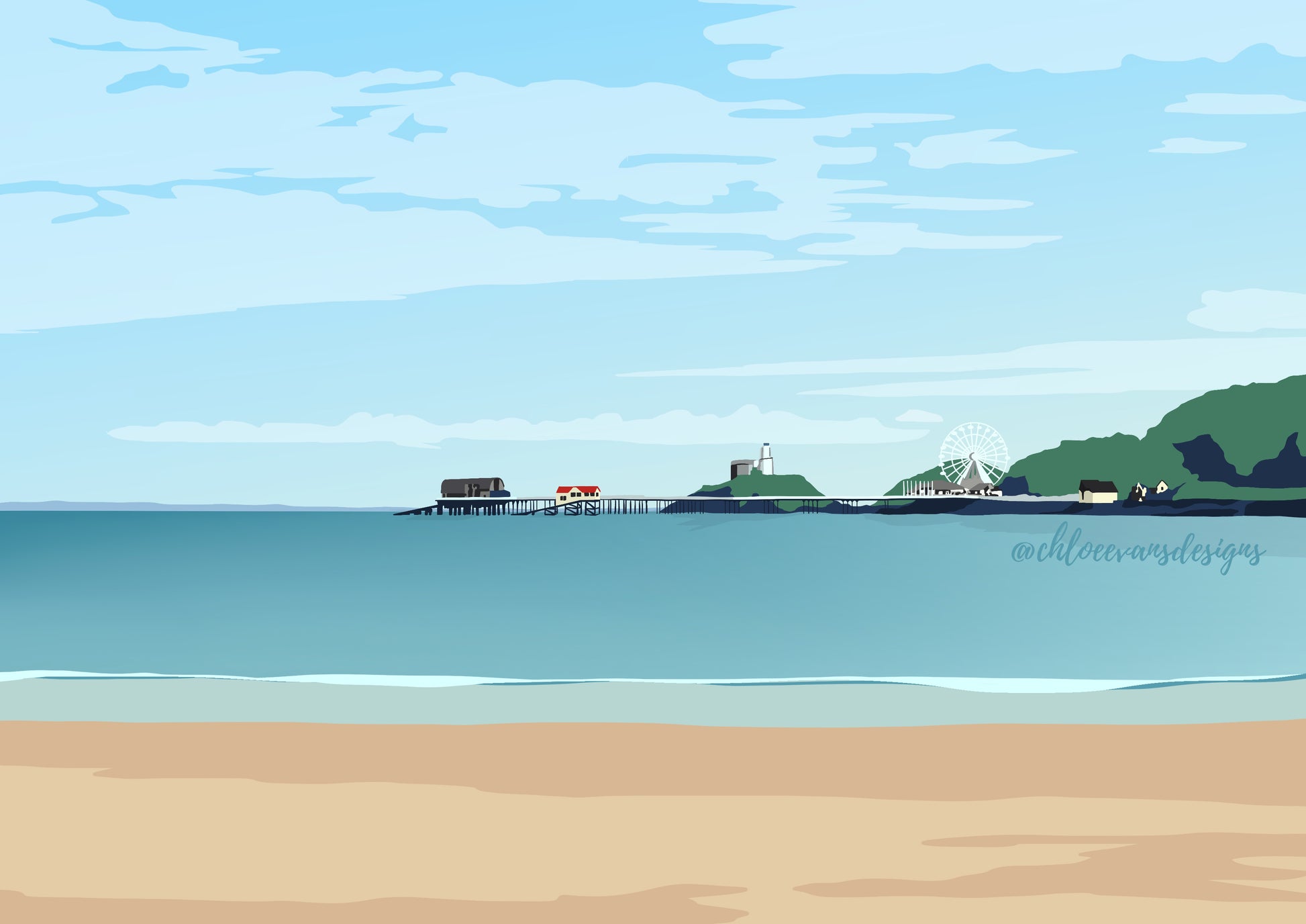 Digital illustration of Swansea Bay, featuring Mumbles Pier, Mumbles lifeboat station, Mumbles lighthouse, and the Big Wheel.