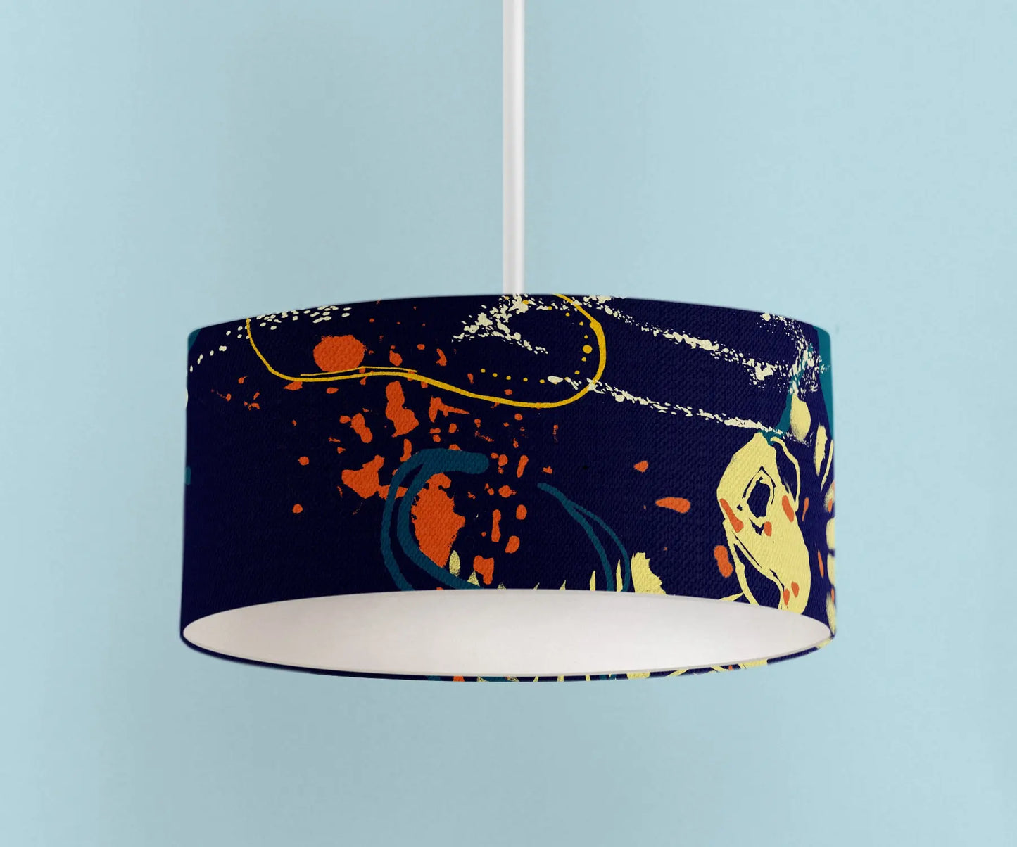 Digital mockup of 45cm navy, yellow and orange abstract print handmade lampshade on pendant ceiling lamp