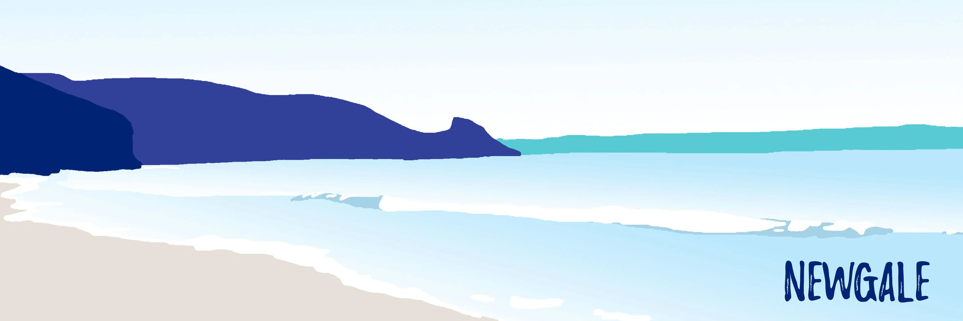 A blue digital illustration of Newgale beach, with the word 'Newgale' in the bottom left corner.