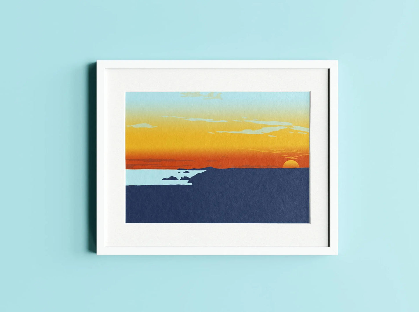 Digital mock up of Newgale Penycwm sunset illustration in a frame on blue wall background