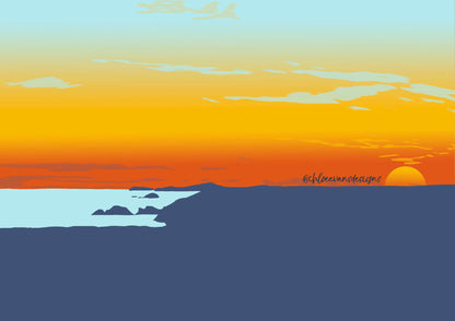 Blue, red and yellow digital illustration of sunset at Newgale in Pembrokeshire.