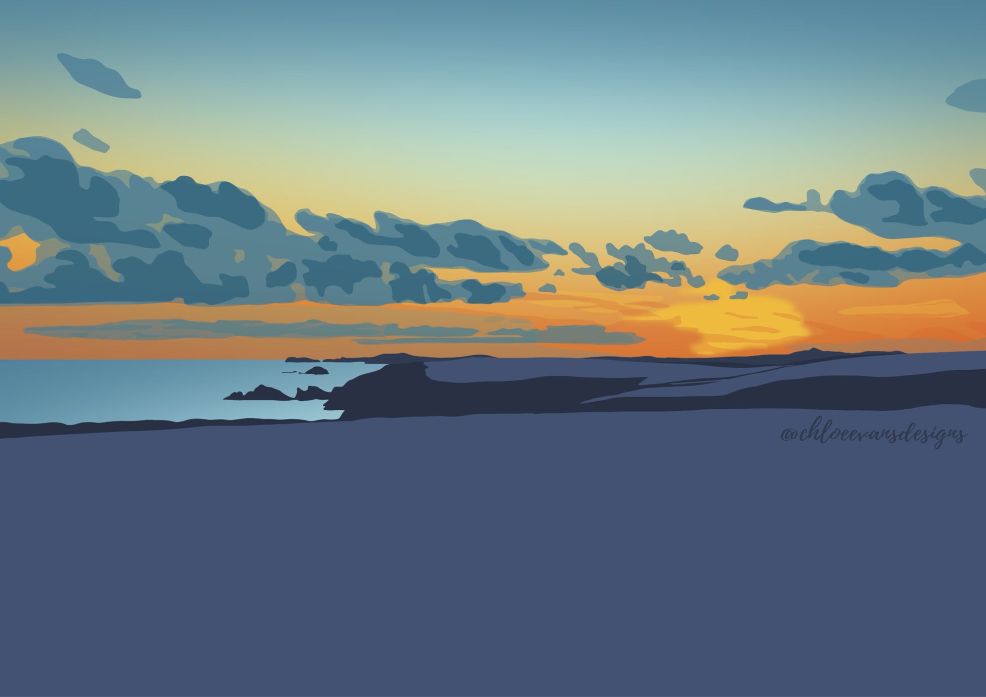 A digitally drawn illustration of sunset over Newgale in Pembrokeshire.