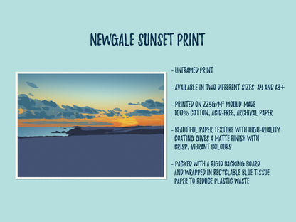 A print mockup of an orange and blue illustration of newgale beach at sunset, with a list of key product features.